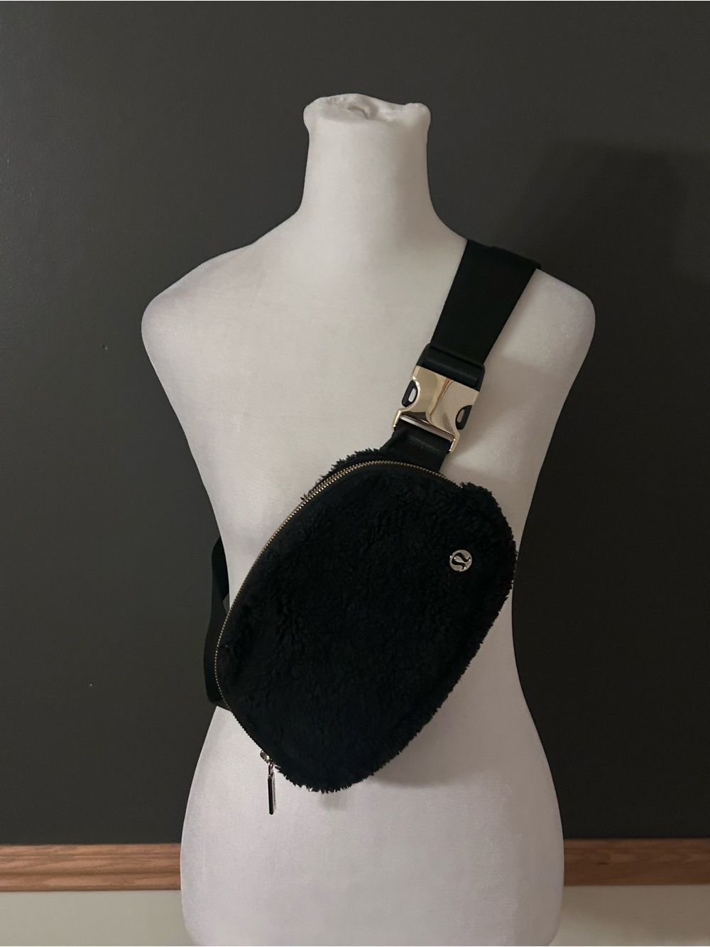 Lululemon Belt Bag Black Sherpa Fleece with Gold Buckle
